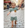 thumbnail image 3 of BemeyourBBs Toddler Baby Boy Summer Clothes 2 Pieces Outfit Waffle Knit Contrast Short Sleeve T Shirts and Pockets Shorts Set, 3 of 9