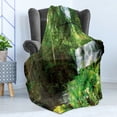 thumbnail image 4 of Waterfall Soft Flannel Fleece Blanket, Spring Season Waterfall Hidden in Forest with Botanic Blossoms and Sunshine, Cozy Plush for Indoor and Outdoor Use, 70" x 90", Green and White, by Ambesonne, 4 of 5