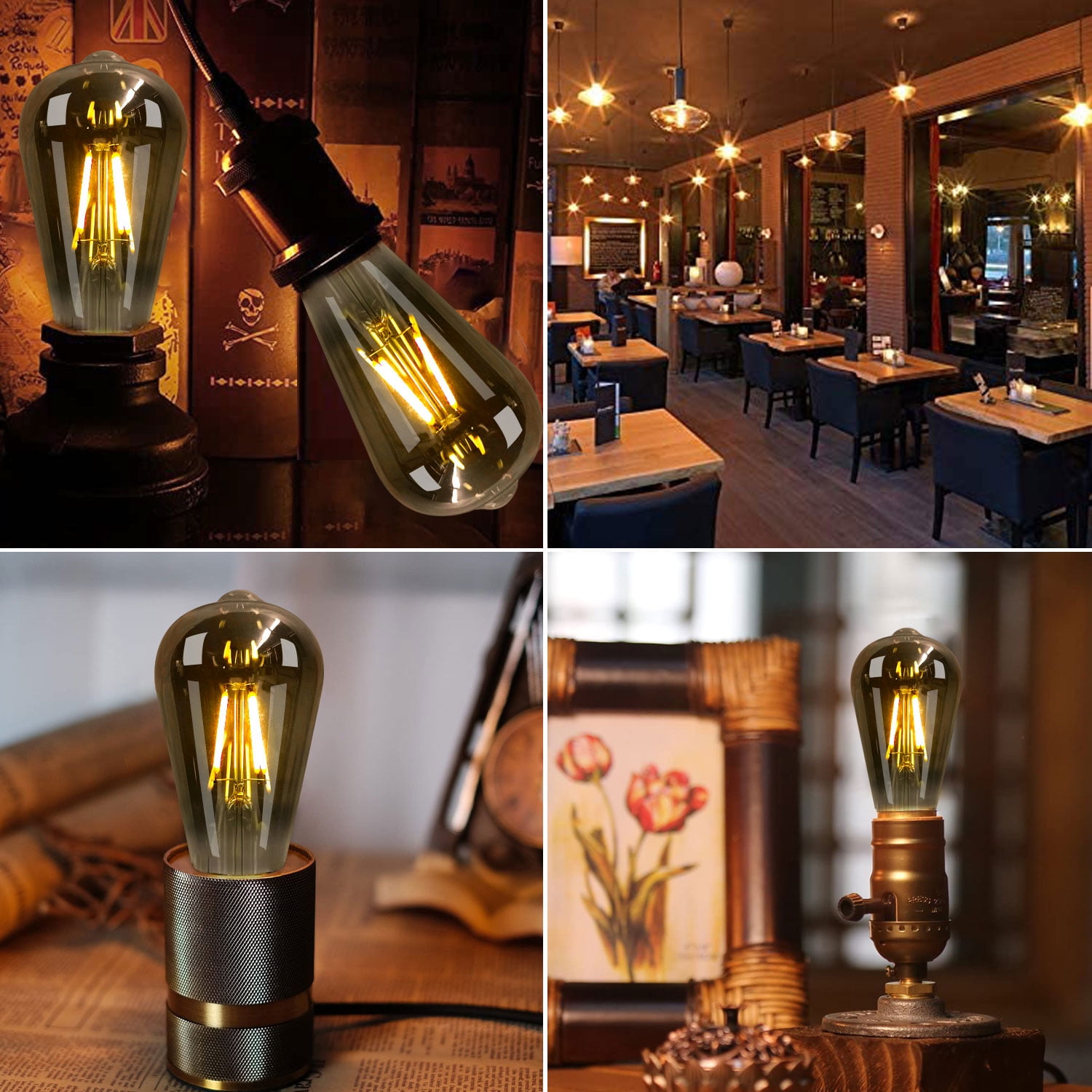 Roomrite LED Vintage Light Bulb, Edison Bulbs 4W (40W Equivalent) ST19 Warm Light Bulbs 2400K 300LM E26 Base,Non-Dimmable,Smoky-Gray Glass - 6 Pack