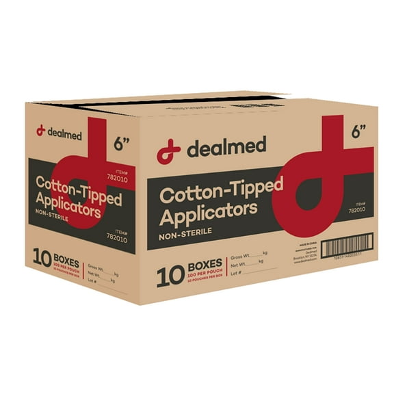 Dealmed 6" Cotton-Tipped Wood Applicators – 10,000 Non-Sterile Cotton-Tipped Applicators, 100 Applicators Per Pouch, Ideal for Application of Medication, Cleaning Skin, Arts and Crafts and More