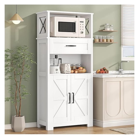 55" Tall Farmhouse Kitchen Pantry Cabinet, Rustic Wooden Storage Cupboard with Doors, Shelves & Drawer, White for Kitchen & Dining Room, White