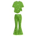 thumbnail image 4 of Huowey Girls Sequin Outfits Set Stylish Comfortable Short Sleeve Round Neck Casual Top Shirt Flared Pants Fashionable Suit Party Performance Clothing Sets Fashion Streetwear,Green,7-8 Years, 4 of 4