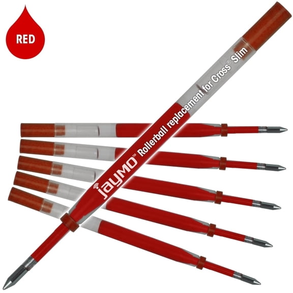 Jaymo Replacement for Cross Slim 8910 - Measures 4 in / 102 mm Long - Gel Rolling Ball Pen Refill - 6 Red