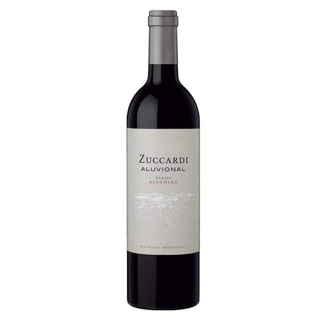 vino tinto zuccardi aluvional altamira malbec 750 ml botella frontal, etiqueta crema con texto 'Zuccardi Aluvional Paraje Altamira', cápsula gris en el cuello, vidrio oscuro con líquido tinto, formato 750 ml, origen Valle de Uco, Mendoza, Argentina; fondo blanco neutro. Suele ser usado para acompañar comidas.