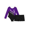 thumbnail image 4 of iiniim Kids Girls 2 Piece Gymnastics Leotard Outfit Shiny Diamond Ballet Bodysuit with Shorts Tracksuit Dancewear Purple&Black 14, 4 of 7