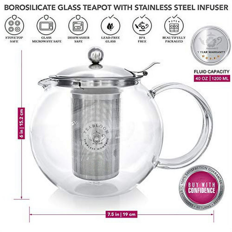 Teabloom Stovetop Safe Glass Teapot With Removable Infuser 40oz/1200ml and  Four Double Walled Glass Cups 5oz/150ml Classica Tea Set 