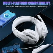UHM Gaming Headset Wired for PS5 PS4 PC Xbox One Controller,Noise Cancelling Over Ear Headphones with Mic,LED Light,Bass Surround,Soft Memory Earmuffs for Laptop Mac,White