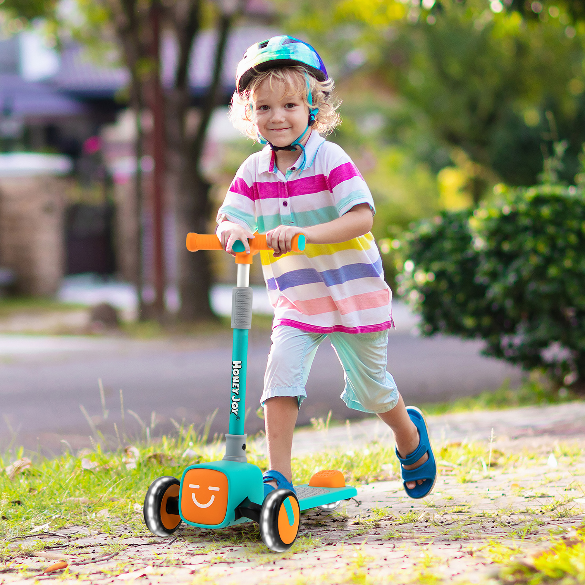 Honeyjoy Folding Kids Toy Scooter Adjustable 4 Emoji Covers W/ LED