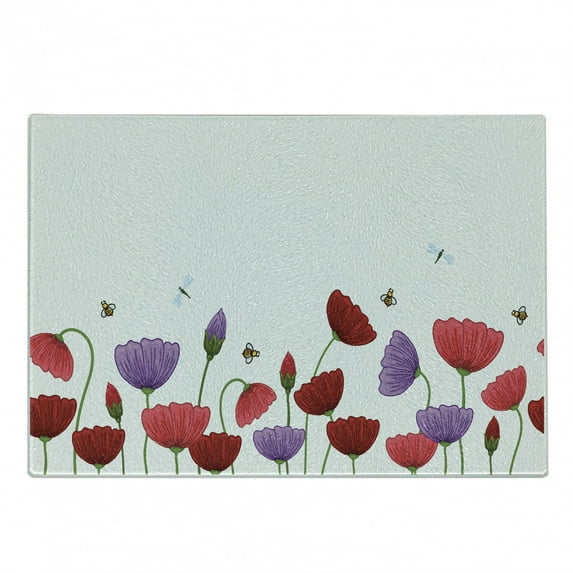 Flowers Insects Cutting Board, Interpretation of Spring Season Flowers with Bees Buzzing Around, Decorative Tempered Glass Cutting and Serving Board, in 3 Sizes, by Ambesonne