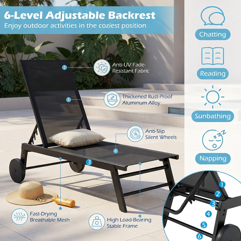 Hommoo 2-Pack Patio Chaise Lounge Chairs with 6-Position Adjustable Backrest, Rolling Wheels & Sturdy Metal Frame for Poolside, Deck & Backyard, Black