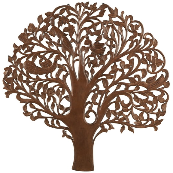 DecMode Brown Wooden Carved Tree Wall Decor with Bird Accents