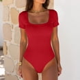 thumbnail image 4 of larppty Women's Square Neck Short Sleeve Long Sleeve Bodysuit Sexy Body Suits Shirt Slim Fitted Tops（Red， L）, 4 of 5