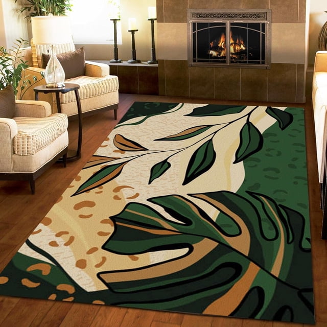 Green Brown Gradient Monstera Leaf Area Rug, Modern Abstracttropical Plants Entry Carpet, Indoor Rug Washable Non-Slip Soft Comfortable for Living Room Bedroom Office Study Decor5 x 7ft