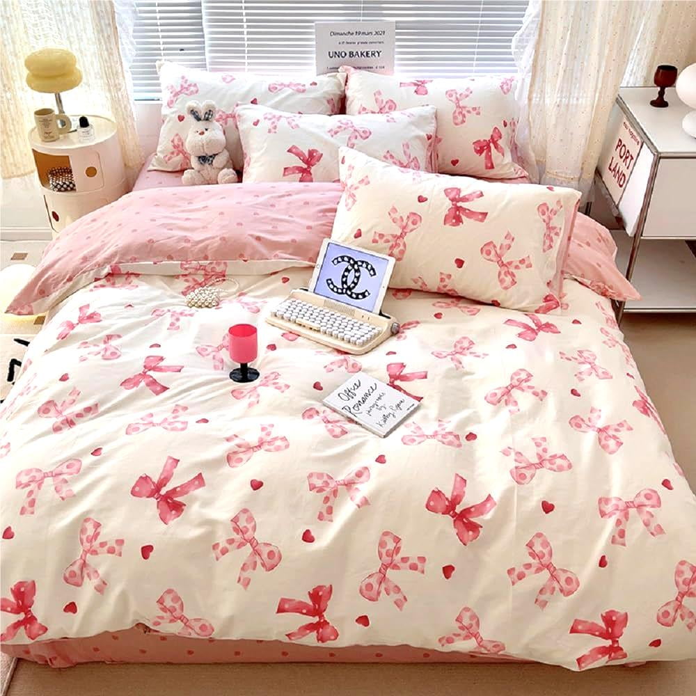 Jolusere Pink Bowknot Girls Comforter Set Twin Size, 3 Pieces Bows Princess Style Bedding Set for Kids Girls