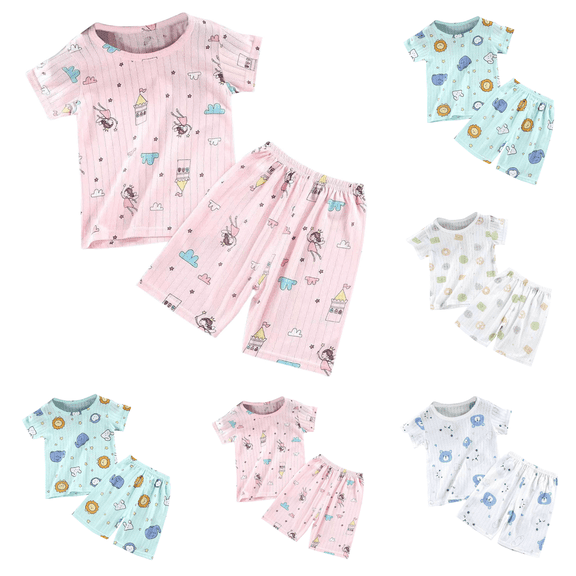 Lovzfmll 2-Piece Cutout Dino Print Sleepwear Set, Short Sleeve Top & Shorts for Boys & Girls, Summer Sleepwear Outfits for Toddler 1-2 Years