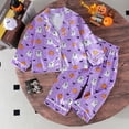 thumbnail image 2 of Weebloom Halloween Girls Pajamas Long Sleeve Cartoon Prints Tops T Shirt Pants Outfits Homewear 4-5 Years Purple, 2 of 6