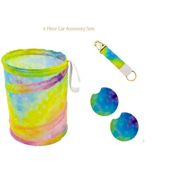 Women's Tie-Dye Print Car Accessory Set with Keychain, Collapsible Trashcan, and Coasters