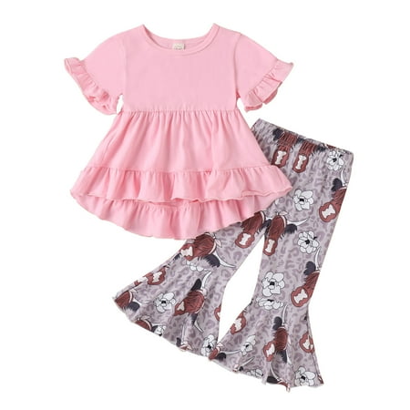 

Toddler Girls Short Sleeve Ruffles T Shirt Pullover Tops Cartoon Printed Bell Bottoms Pants Kids Outfits New Baby Gift Girl
