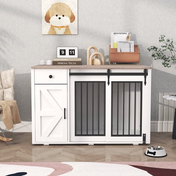 JOIVI 44" Dog Crate Furniture with Sliding Barn Door, Wooden Dog Kennel with Drawer and Storage Cabinet, White