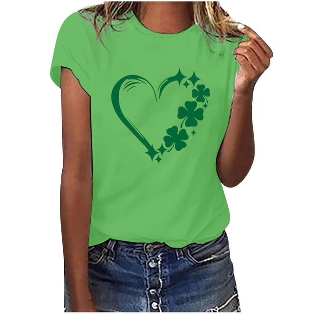 QIPOPIQ T-Shirts à Manches Courtes Col Rond pour Femmes T-Shirts de la Saint-Patrick T-Shirt Trèfle T-Shirt Vert Imprimé Cœur Tunique Hauts T-Shirts pour Filles Cadeau T-Shirts Graphiques Offres