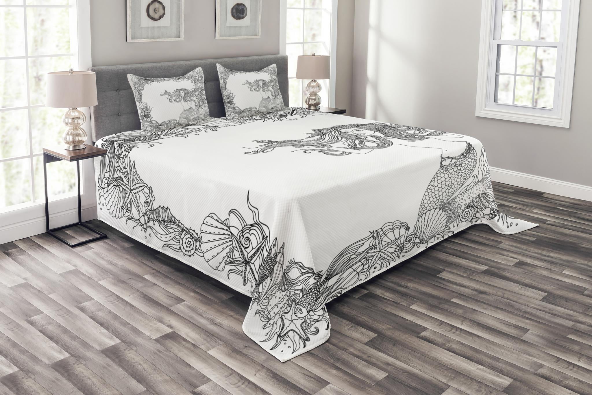 Mermaid Bedspread Set, Mermaid in Artsy Seashells Starfish ...
