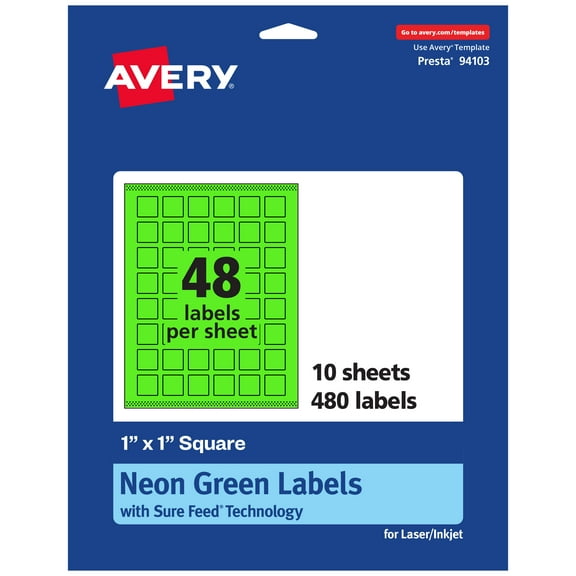 Avery Printable Square Labels, Neon Green, 1" x 1", 480ct