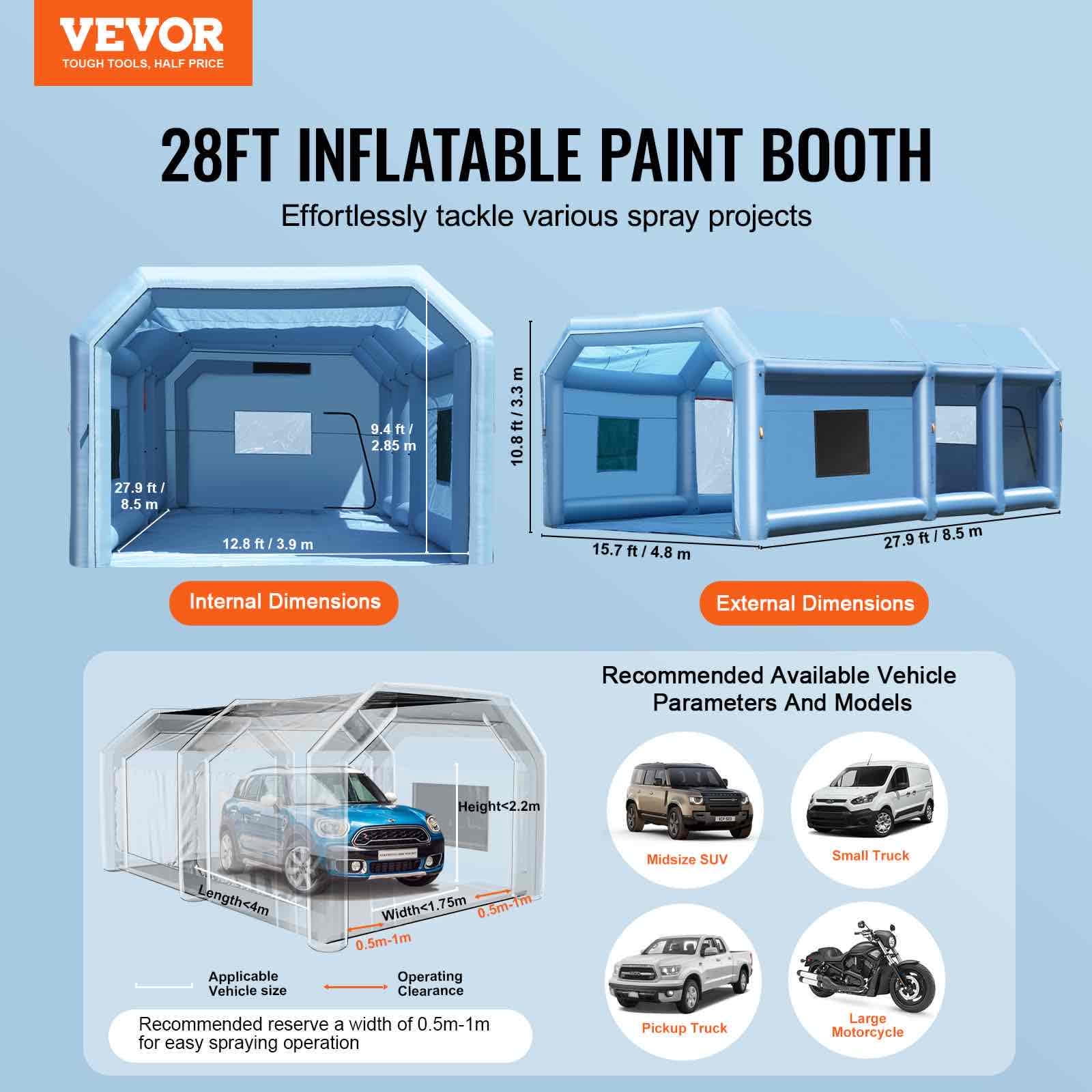 VEVOR Inflatable Paint Booth,27.9 x 15.7 x 10.8 ft Inflatable Spray Booth, Portable Car Paint Booth for Small Truck, with 950W+750W Powerful Blowers and Air Filter System,Large Motorcycle, Midsize S