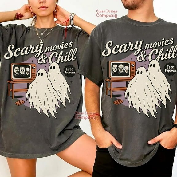 Scary Movies and Chill T-Shirt, Funny Halloween Horror Movie Tee, Spooky Movie Night Shirt, Halloween Horror Design Shirt, 2025 Trendy Halloween T-Shirt