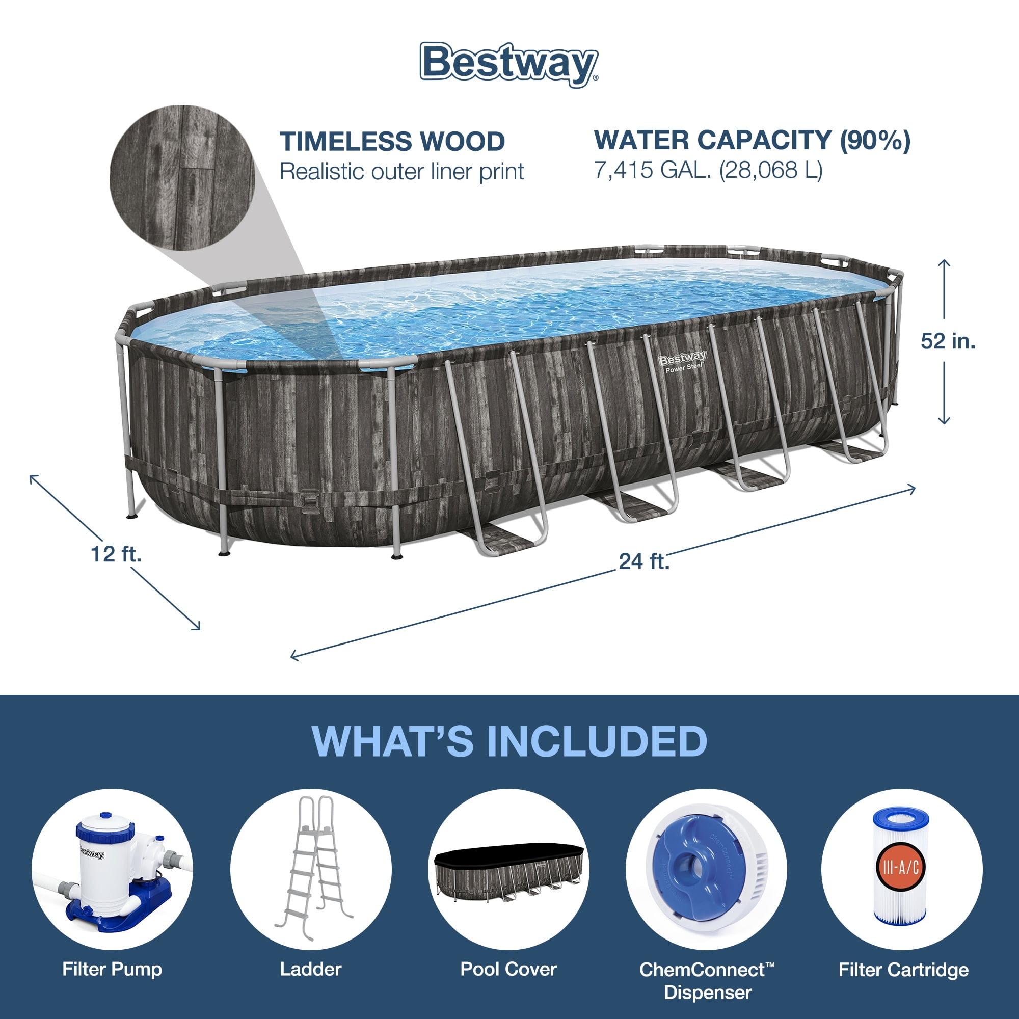 Bestway Power Steel 24’ x 12’ x 52” Oval Above Ground Swimming Pool Set