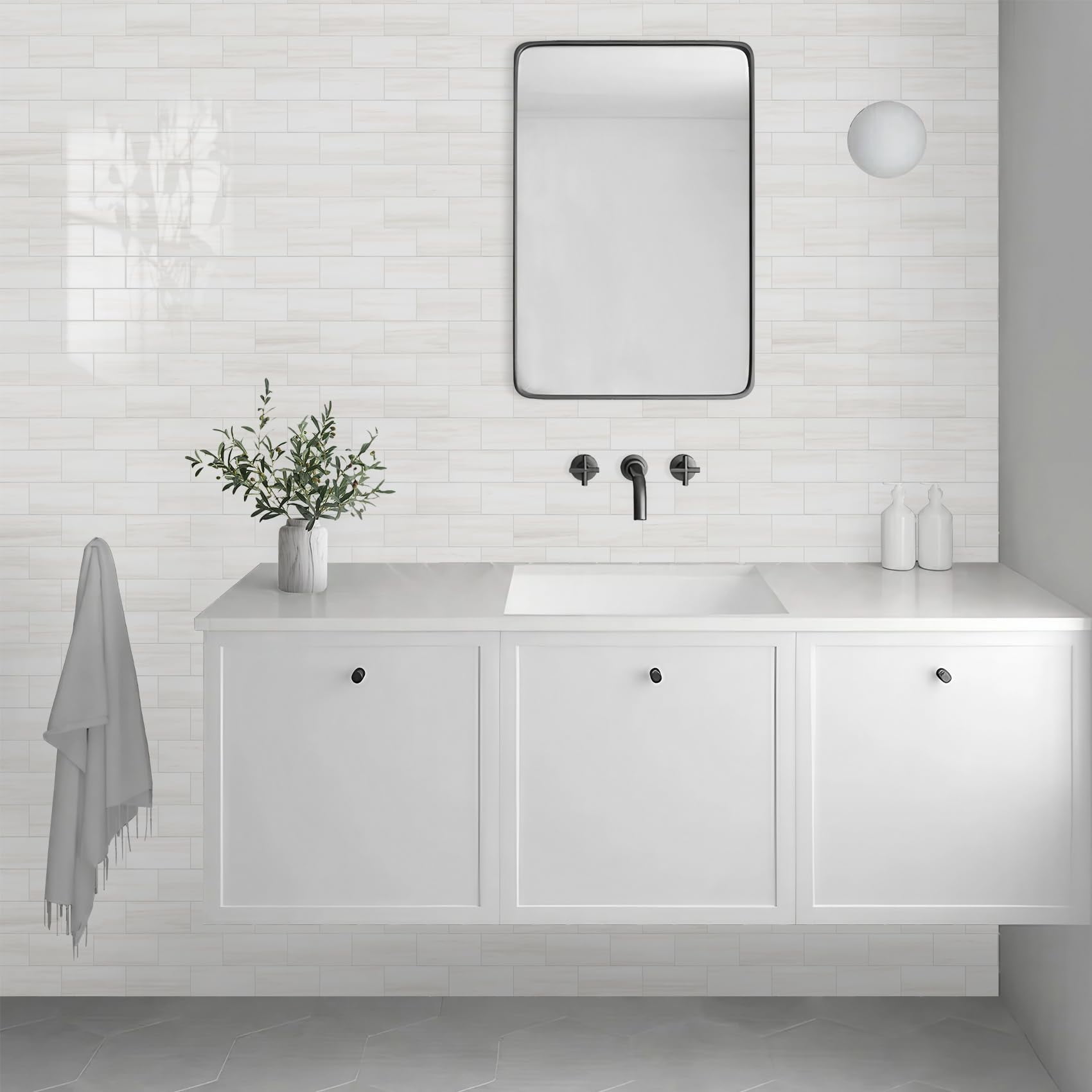 100-piece Glossy Dolomite White Peel And Stick Backsplash 3''x6'' Pvc Subway With Grout  On For Kitchen/bathroom/fireplace