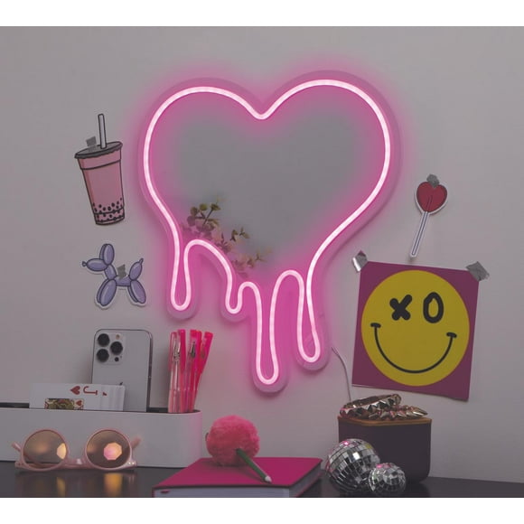 Merkury Innovations 13" Pink LED Drip Neon Heart Mirror, MERKURY HEART MIRROR