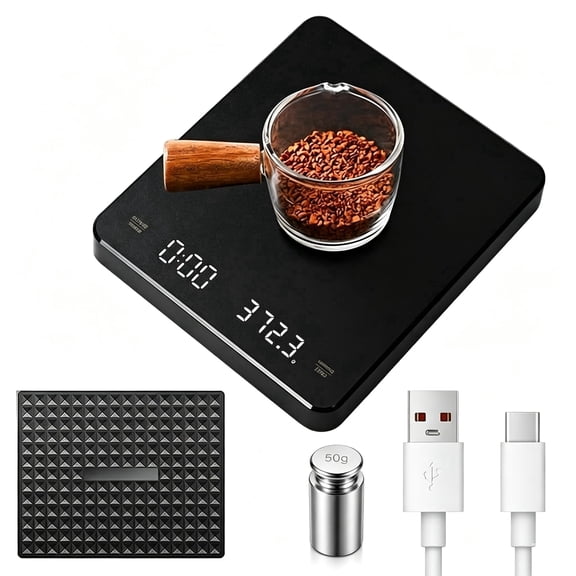 JOGGEIL Digital Coffee Scale, High Precision Espresso Scale with Timer, 0.1g Kitchen Scale for Coffee & Food, Includes 50g Calibration Weight and Heat Mat, USB-C Rechargeable, Waterproof Surface