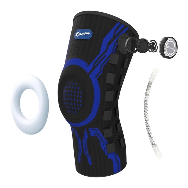 Kuangmi Knob-Adjustable Knee Brace – Spring Stabilizers for Pain Relief, Sports & Recovery(Single Black Blue Left-M)