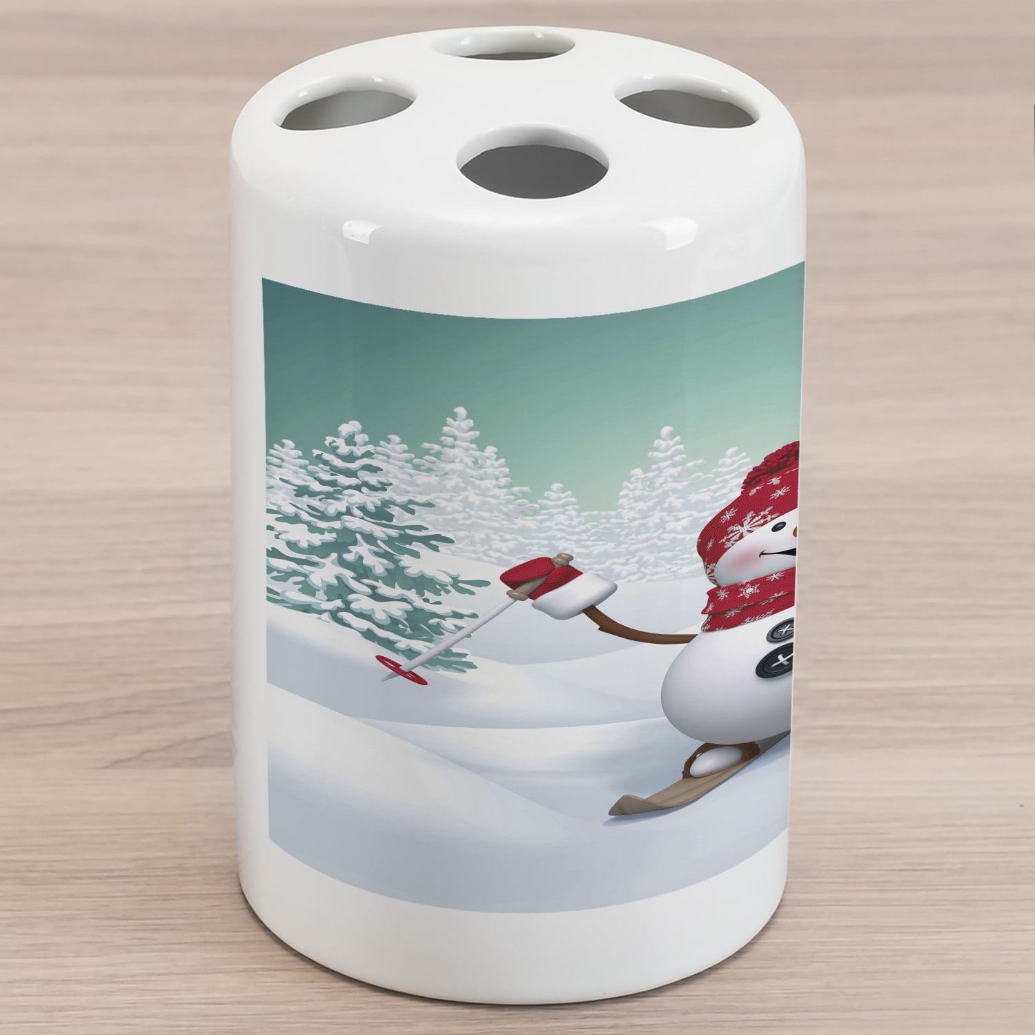 Christmas Ceramic Toothbrush Holder, Snow Covered Mountain Fir Trees