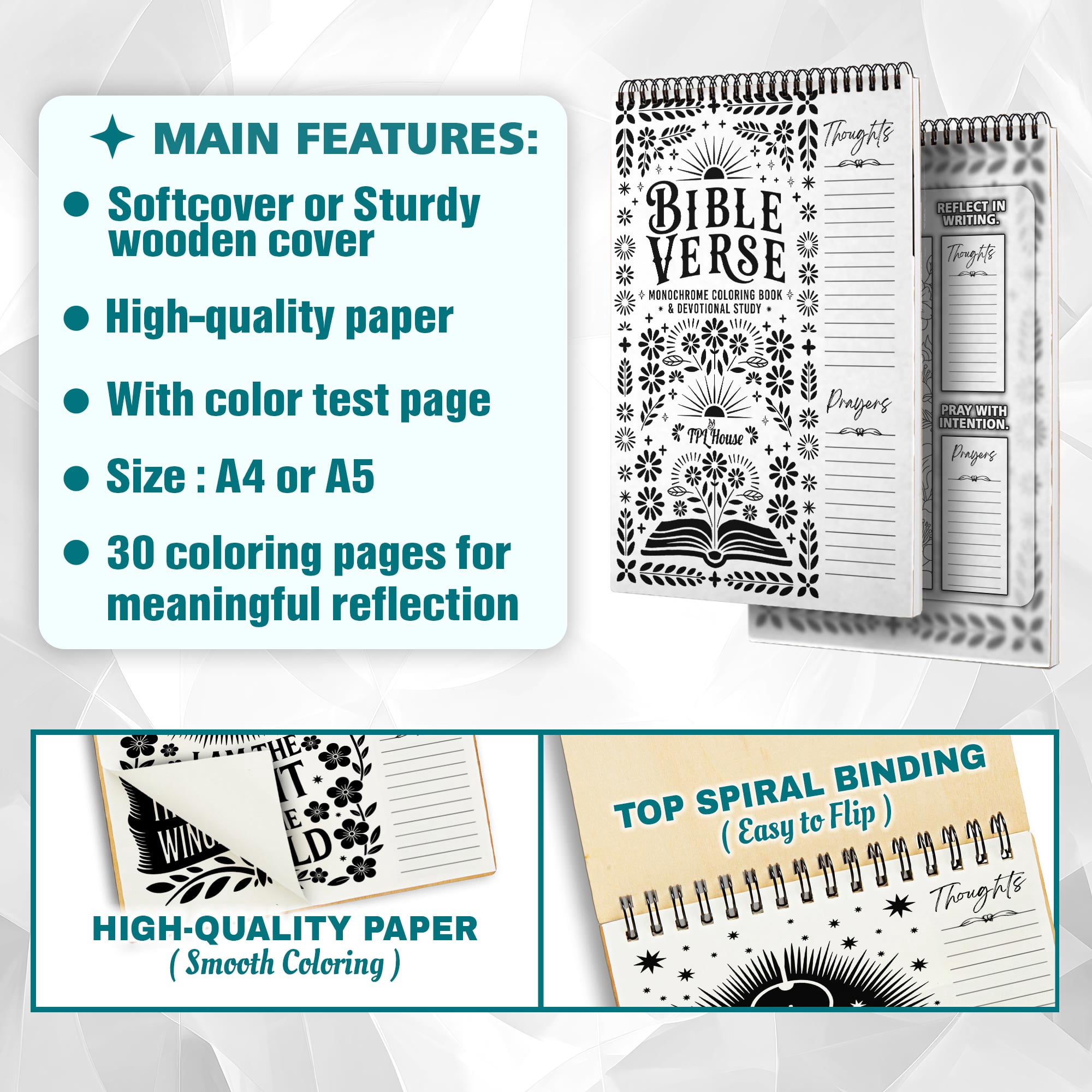 Monochrome Bible Verse Coloring Book for Adults, 30 Minimalist Scripture Art Pages with Reflection & Prayer Space, Spiral Bound, A4 or A5 Softcover or Wood Cover