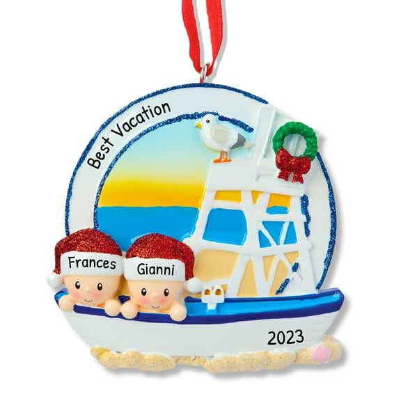 Personalized Couple Christmas Tree Ornament 2024 - Beach Boat Vacation Ornament Keepsake Decoration