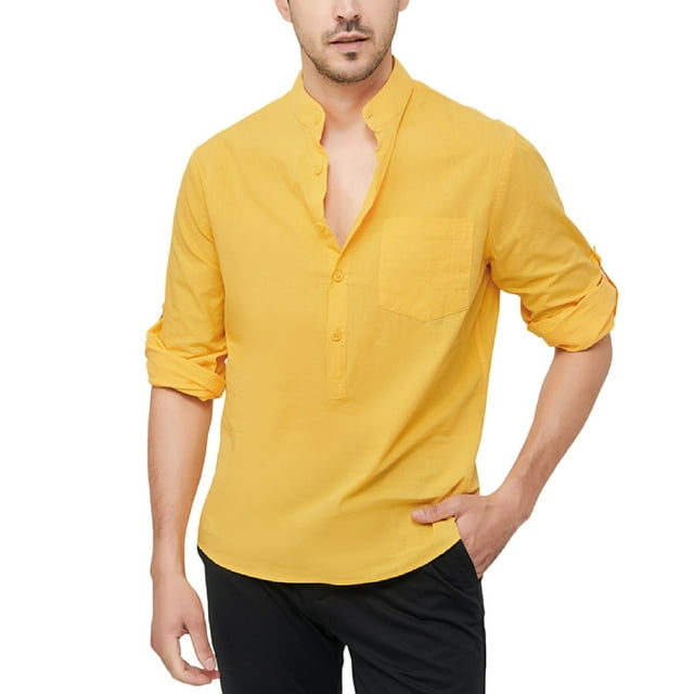 Camisas Para Hombre Manga Corta Camisa casual para hombre Camisa de color sólido Camisa de manga larga de lino de algodón de imitación Algodón (Yellow, M)