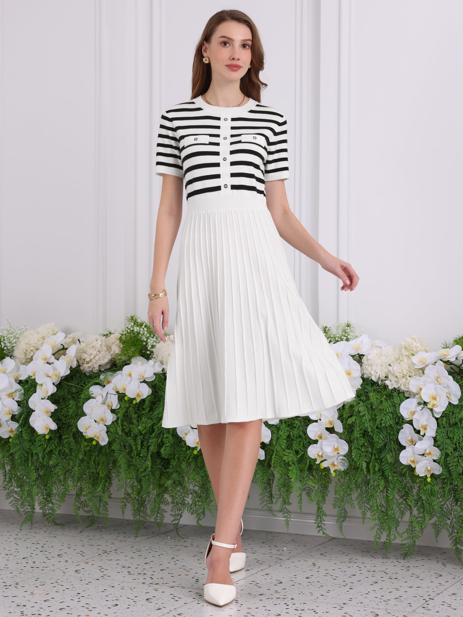 DARING DIVA A-Line Knit Striped Pleated Ribbed Sweater Dress L Black