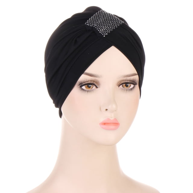 Teissuly Beanies Hats Women Solid Rhinestone India Muslim Ruffle Chemo Hat Wraps Turbans Beanie Cap Headwraps
