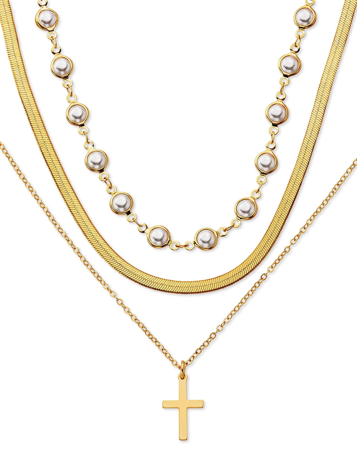 Scoop Brass Yellow Gold-Plated Triple Layered Necklace, 15' + 3' Extender