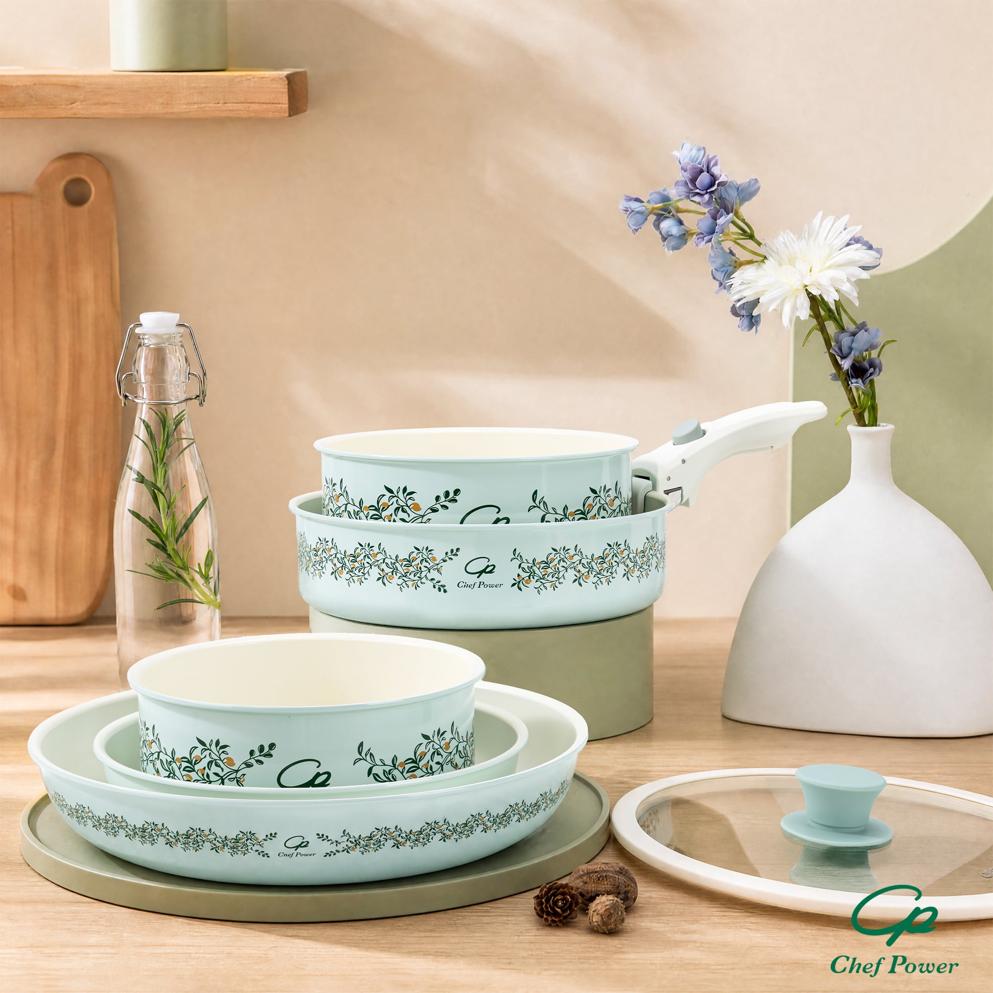 Chef Power 14pcs Nonstick Ceramic Cookware Set, Aquamarine Olive Branch Decals