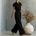 thumbnail image 6 of Womens Casual Two Piece Outfit Short Sleeve Collared Shirt High Waist Wide Leg Pants with Pockets Solid Color Loungewear Set Black S(S), 6 of 7