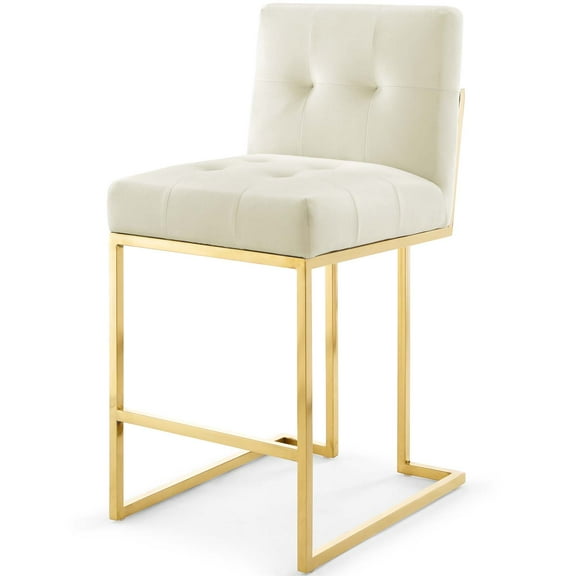 Counter Stool Chair, Velvet, Metal Steel, Gold Ivory White, Modern Contemporary Urban Design, Bar Pub Cafe Bistro Hotel Restaurant Hospitality