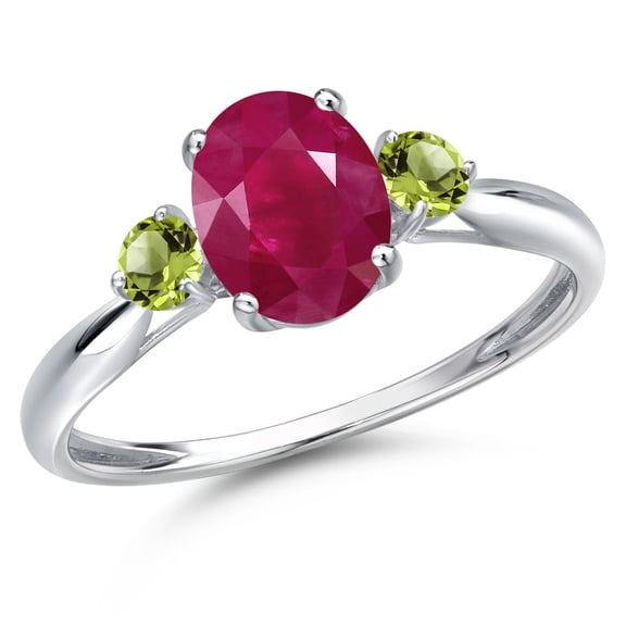 Gem Stone King 10K White Gold Red Ruby and Green Peridot 3-Stone Ring for Women | 1.84 Cttw | Oval 8X6MM | Gemstone July Birthstone | Size 8