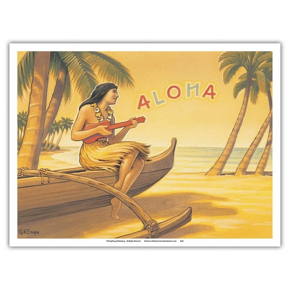 Aloha Serenade - Hawaii Ukulele Hula Girl - Vintage Hawaiian Travel Poster by Kerne Erickson - Master Art Print (Unframed) 9in x 12in