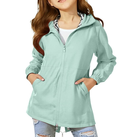 Girls Rain Jacket Waterproo𝐟 Lightweight Rain Coat with Hood Striped Lined Raincoats Kids Boys Unifor𝐦 Windbreaker Jackets