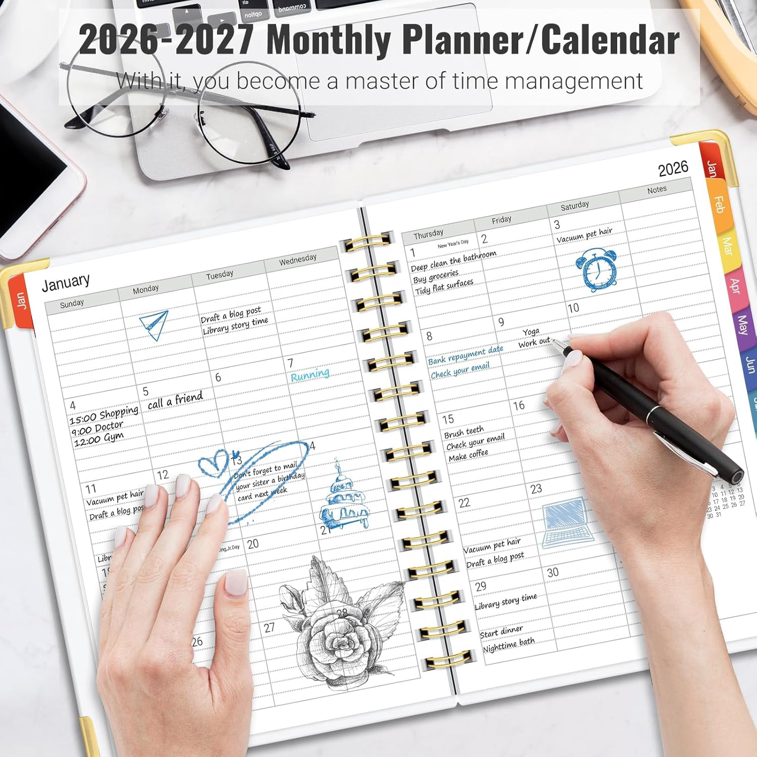 Daily Planner 2026-2027, 18 Month Planner with Tabs, January 2026 - June 2027 Weekly and Monthly Academic Year Calendar Spiral Time Management, 100GSM Thick Paper, Twin-Wire Binding, A5 Size, Multico