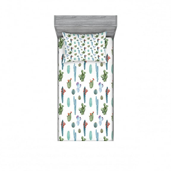 Ambesonne Flower Fitted Sheet & Pillow Sham Set, Desert Hot Mexican South, Twinxl, Blue and Green