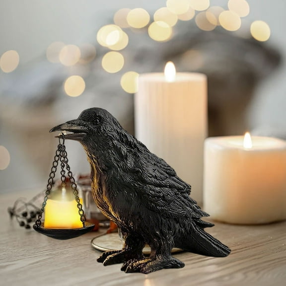 Gothic Crow Decor Raven Light Holder Halloween Home Decorations Indoor Tealight Candle Holder Resin Statue Black Bird with Chain Scale for Bedroom Living Room Altar