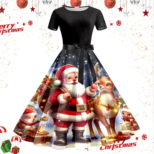 Vestidos de Mujer Vestido de Fiesta de Noche de Manga Corta Con Estampado Navideño de Los Años 50